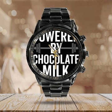 Discover Powered By Chocolate Milk Funny Gym Calendar Steel Band Watch