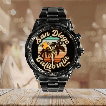 Discover San Diego California Beach Retro Palm Trees Sunset Calendar Steel Band Watch