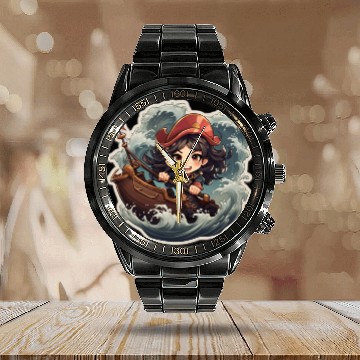 Discover Pirate Captains Cute Cartoon Steering Calendar Steel Band Watch
