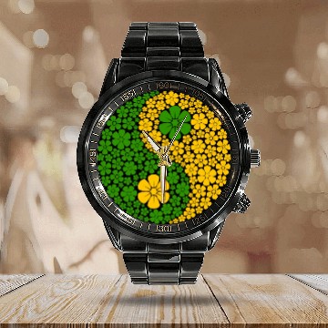 Discover Green And Yellow Yin Yang Flowers Calendar Steel Band Watch