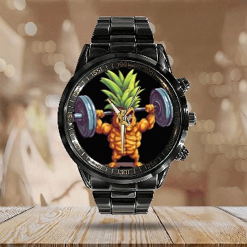 Discover Pineapple with dumbbell Calendar Steel Band Watch