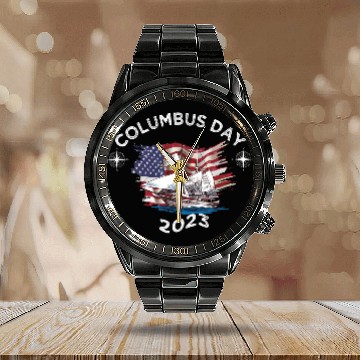 Discover Exploring Columbus Day Compasses USA Flags Calendar Steel Band Watch