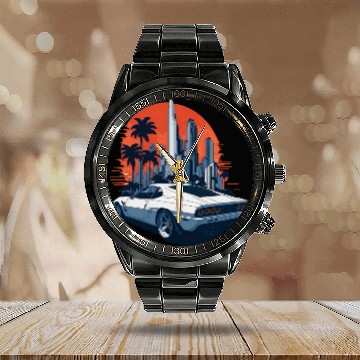 Discover Cityscape Sunset Cruise - Sport Car Calendar Steel Band Watch Design