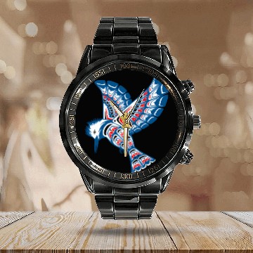 Discover Native American Style Kingfisher Pacific Northwest Calendar Steel Band Watch