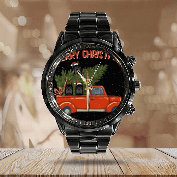 Discover Cane Corso Xmas Vintage Red Pickup Retro Truck Calendar Steel Band Watch