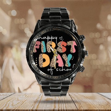 Discover Leopard Happy First Day of School Teacher Retro Calendar Steel Band Watch
