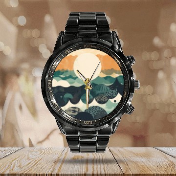 Discover Hokusai Japanese Art Inspired Patterned Ocean Calendar Steel Band Watch