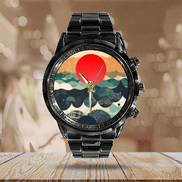 Discover Red sun Japanese Art Inspired Patterned Ocean Calendar Steel Band Watch