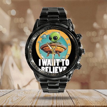 Discover I WANT TO BELIEVE cute alien in spaceship Calendar Steel Band Watch