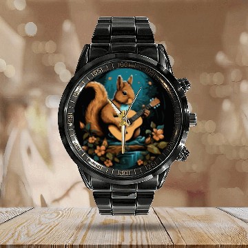 Discover Squirrel playing a guitar Calendar Steel Band Watch