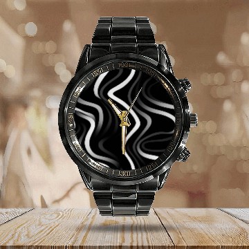 Discover Monochrome Elegance: White Abstract Lines on Black Calendar Steel Band Watch