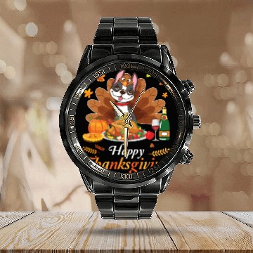 Discover Boston Terrier Turkey Costume Wine Pie Pumpkin Calendar Steel Band Watch