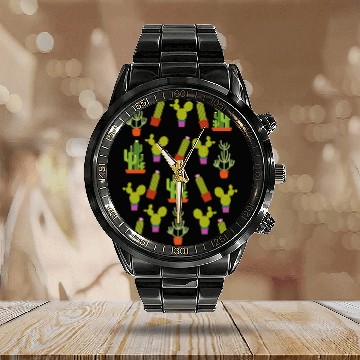 Discover Cactus Succulent Plants Nature Colorful Aztec Calendar Steel Band Watch