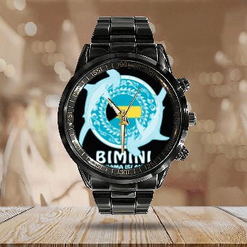 Discover Bimini Bahamas Hammerhead Shark Calendar Steel Band Watch