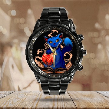 Discover Curious Cat Mystical Spell Book Calendar Steel Band Watch