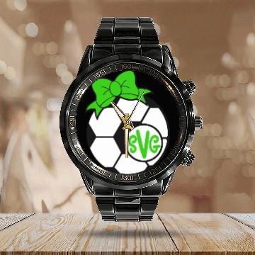 Discover Soccer Monogram Calendar Steel Band Watch