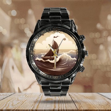 Discover Chocolate Brown Dinghy on Rough Seas Calendar Steel Band Watch