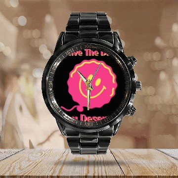 Discover Have The Day You Deserve, pink smile face, balloon Calendar Steel Band Watch