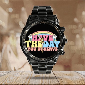 Discover Have The Day You Deserve, daisy flower, retro groo Calendar Steel Band Watch