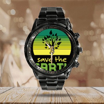 Discover Save The Earth Retro Sunset Green Calendar Steel Band Watch