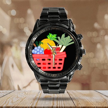 Discover Shopping basket with fruit and vegetables Calendar Steel Band Watch