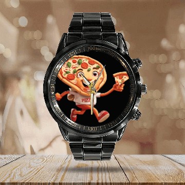 Discover Cartoon Character of Pizza Running Design Calendar Steel Band Watch