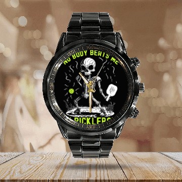 Discover No Body Beats Me At Pickleball Halloween Skeleton Calendar Steel Band Watch