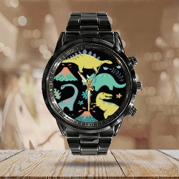 Discover Kawaii Dinosaur In Teal Yellow Coral Calendar Steel Band Watch