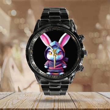 Discover Fierce Elegance: Pastel Rabbit Ninja Unleashed Calendar Steel Band Watch