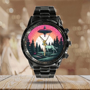 Discover UFO Abduction: Alien Abducts Horse at Sunset Calendar Steel Band Watch