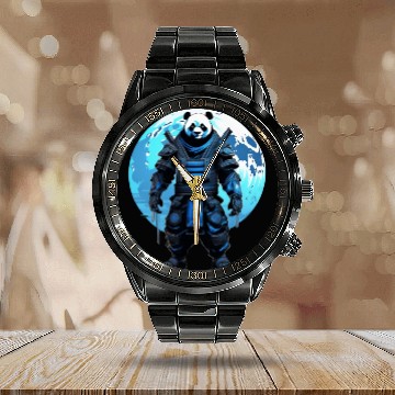 Discover Panda Shadowblade: Ninja Samurai Elegance Calendar Steel Band Watch