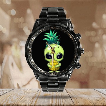 Discover Pineapple-Hair Alien: Green & Funny Calendar Steel Band Watch