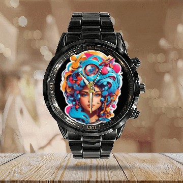 Discover Psychedelic girl with multi color hair. futuristic Calendar Steel Band Watch