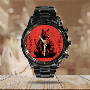 Discover Wise Calm Vintage Retro Japanese Kitty Samurai Cat Calendar Steel Band Watch