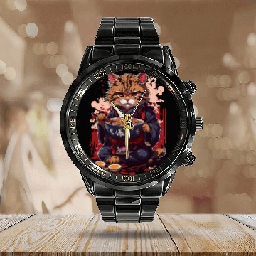 Discover cute cat with ramen bowl design Calendar Steel Band Watch