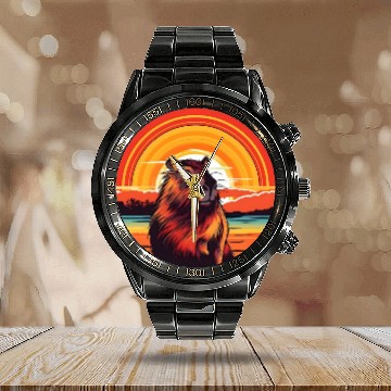 Discover Sunset Serenity: Rustic Capybara Stripe Illustrate Calendar Steel Band Watch
