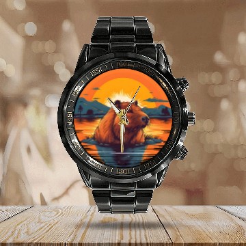 Discover Sunset Serenity: Rustic Capybara Stripe Illustrate Calendar Steel Band Watch