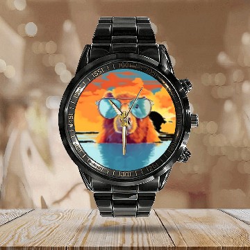 Discover Sunset Serenity: Rustic Capybara Stripe Illustrate Calendar Steel Band Watch
