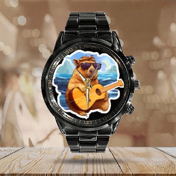 Discover Capybara Playing Guitar Calendar Steel Band Watch
