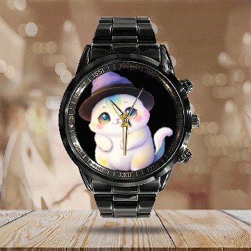 Discover Cute Watercolor Witch Cat Calendar Steel Band Watch