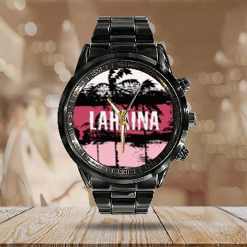 Discover Lahaina Maui Hawaii Vacation Souvenir Abstract Calendar Steel Band Watch