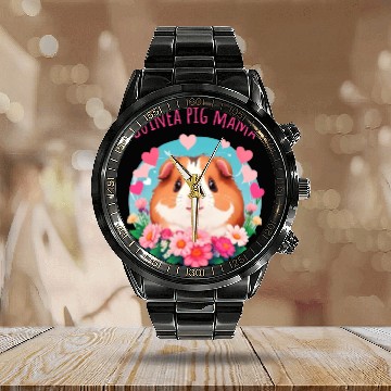 Discover Guinea pig Mama Flowers and Hearts Calendar Steel Band Watch