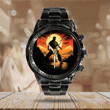 Discover Karate Taekwondo Fighter Martial Arts Sunset Calendar Steel Band Watch