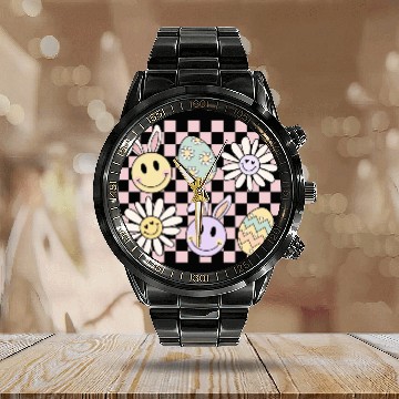 Discover Face Easter Bunny Easter Egg Retro Wild Flower Calendar Steel Band Watch