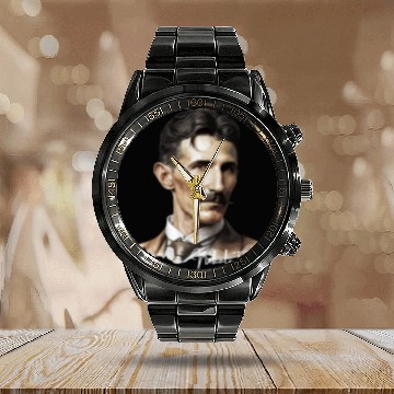 Discover Artistic Illustration of Nikola Tesla Calendar Steel Band Watch