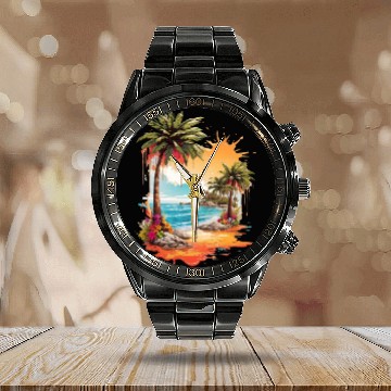 Discover Tropical Tranquility: Beach Splash Art Calendar Steel Band Watch