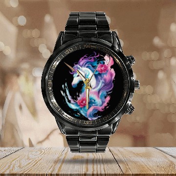 Discover Floral Enchantment: Unicorn in Water Waves Splash Calendar Steel Band Watch