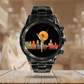 Discover Spooky Halloween Ghost Train Gnomes Boo Trick Or Calendar Steel Band Watch