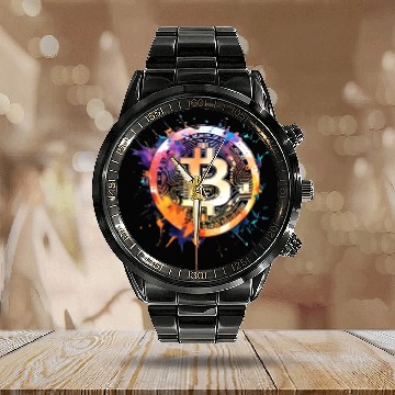 Discover Bitcoin crypto colorful logo Calendar Steel Band Watch