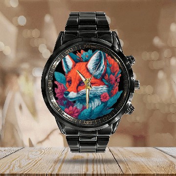 Discover Fox Cub with Flowers Calendar Steel Band Watch